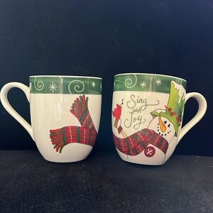 ❄️ 2 Mugs Fitz & Floyd 12oz Coffee Tea Cups Holly Hat Snowman Sing With Joy Mugs